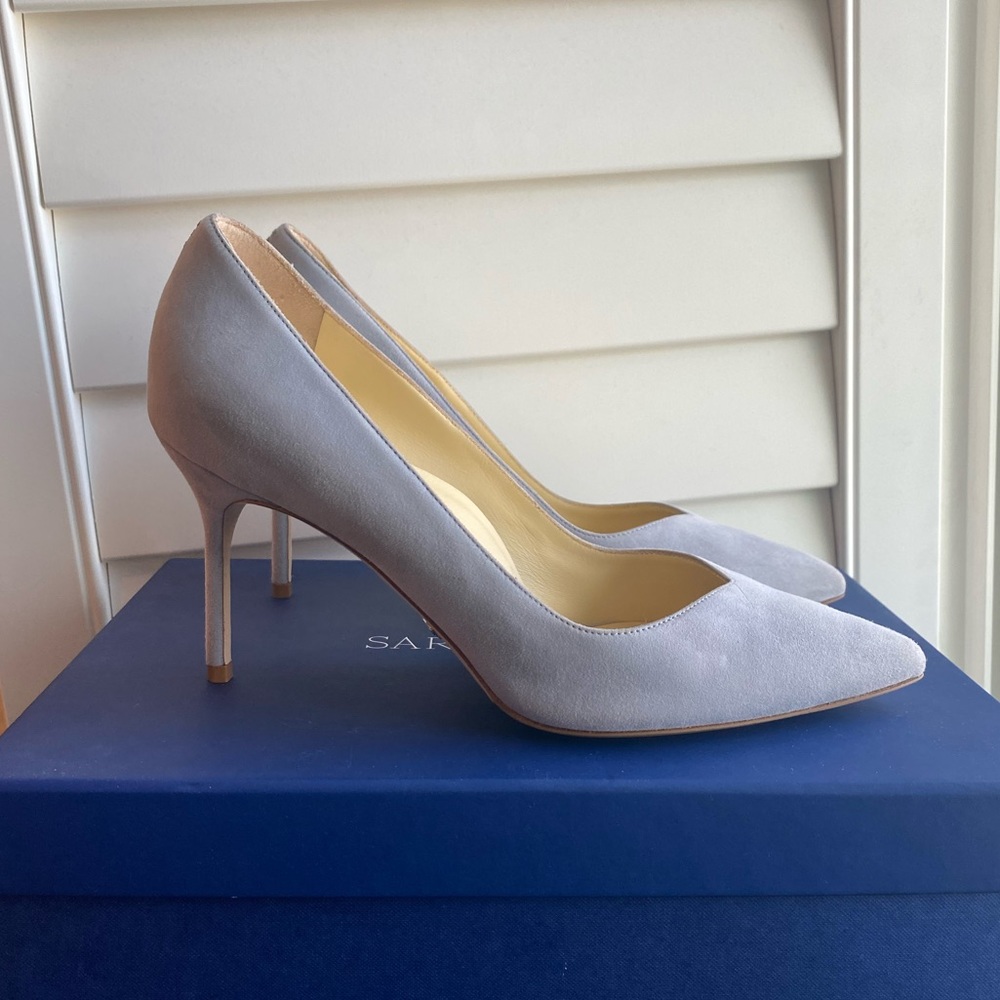 Sarah Flint perfect pump 85mm IT38/US8 in stone suede (pale, dusty blue) heels